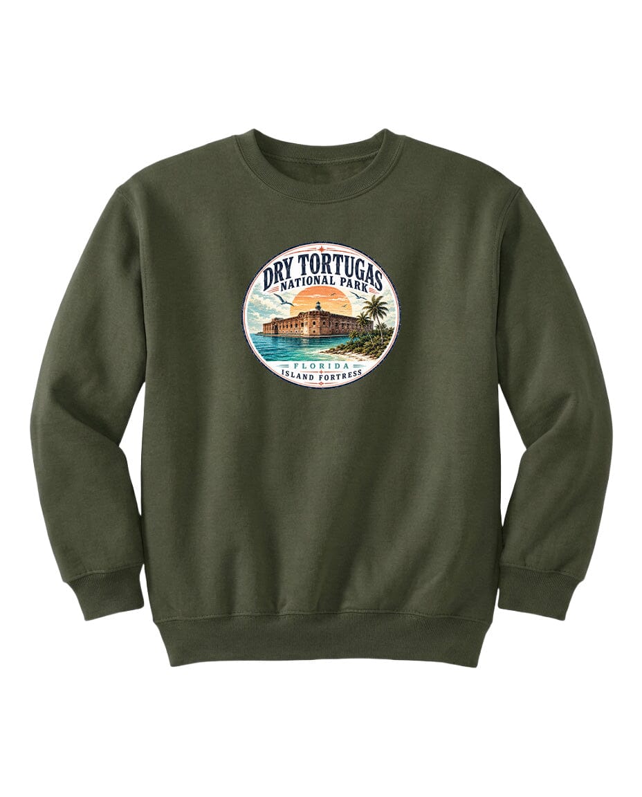 A green sweatshirt with a circular logo that says "Dry Tortugas National Park, Florida, USA".