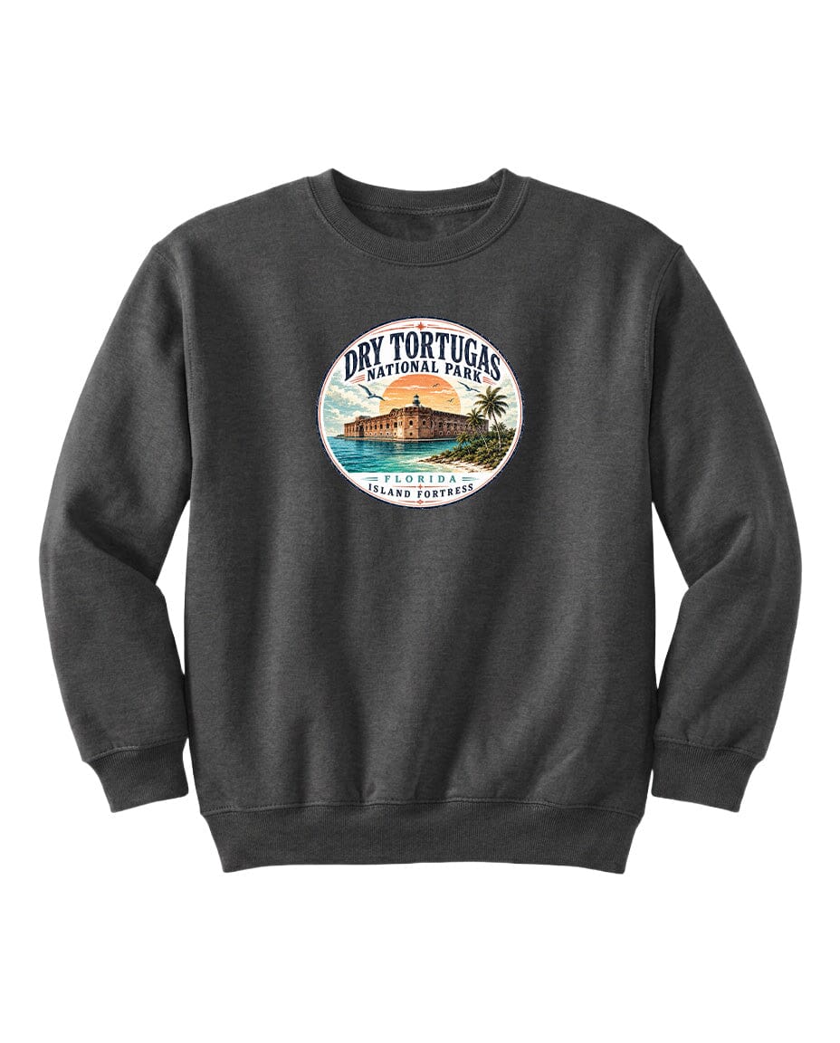 A gray sweatshirt with a circular design featuring a beach scene and a building, representing Dry Tortugas National Park in Florida.