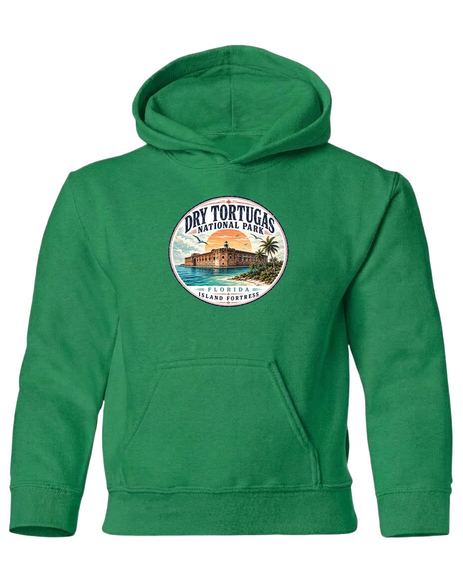 A green hoodie with a circular logo featuring a tropical island and palm trees, along with the text "Dry Tortugas National Park, Florida Island, Florida".