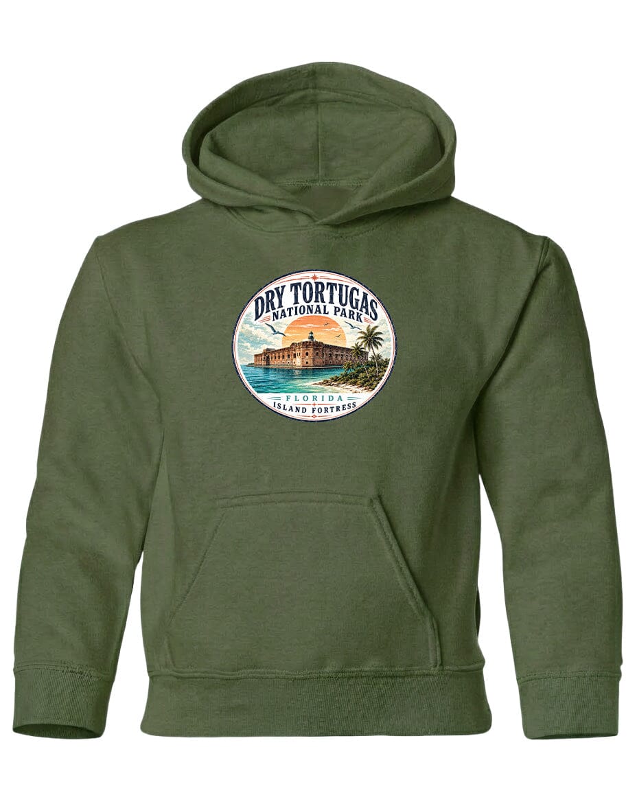 A green hoodie with a circular logo that says "Dry Tortugas National Park, Florida Island, Florida" printed on it.