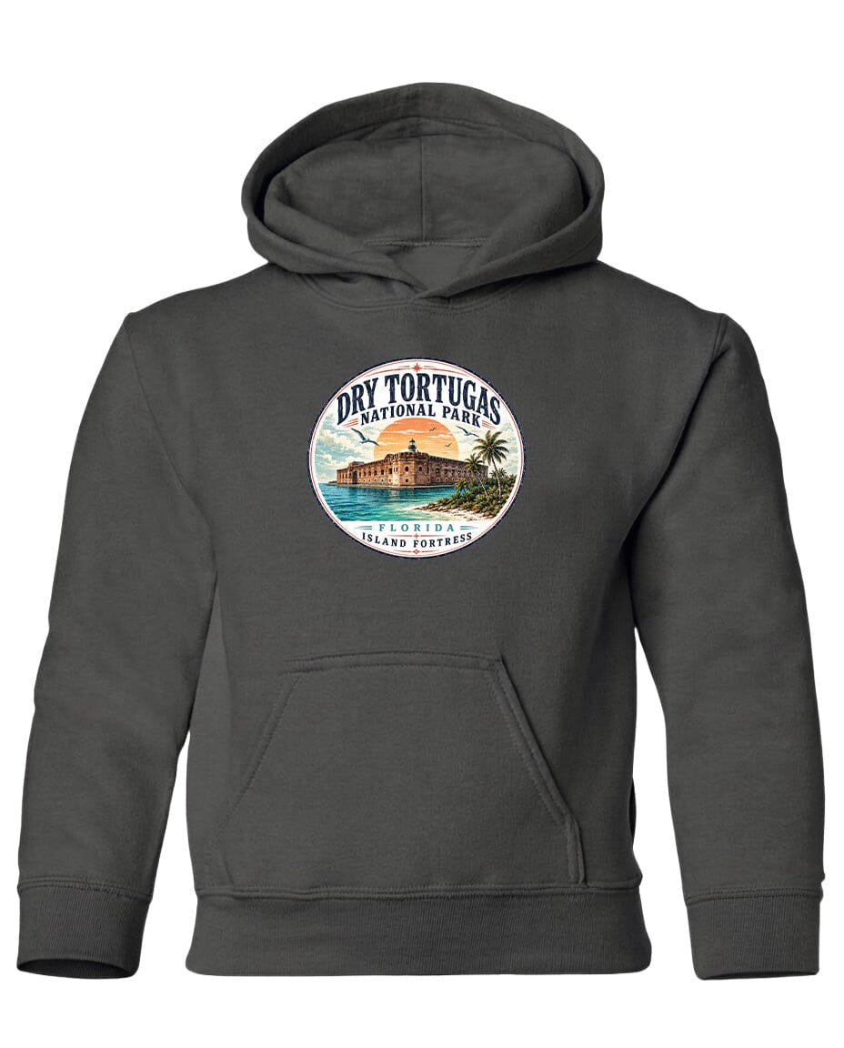 A gray hoodie with a circular logo featuring a tropical island and palm trees, along with the text "Dry Tortugas National Park, Florida Island, Port St. Lucie".