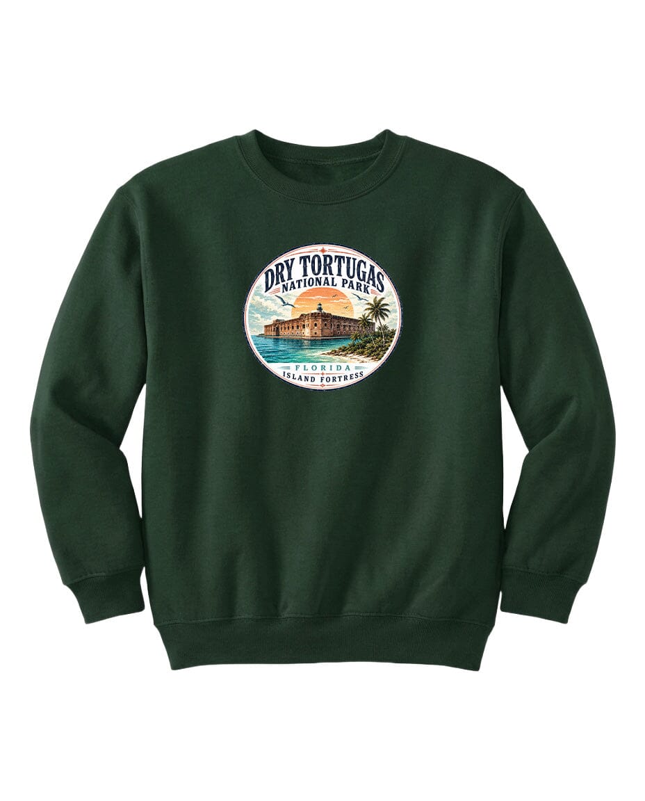 A green sweatshirt with a circular logo that says "Dry Tortugas National Park, Florida".