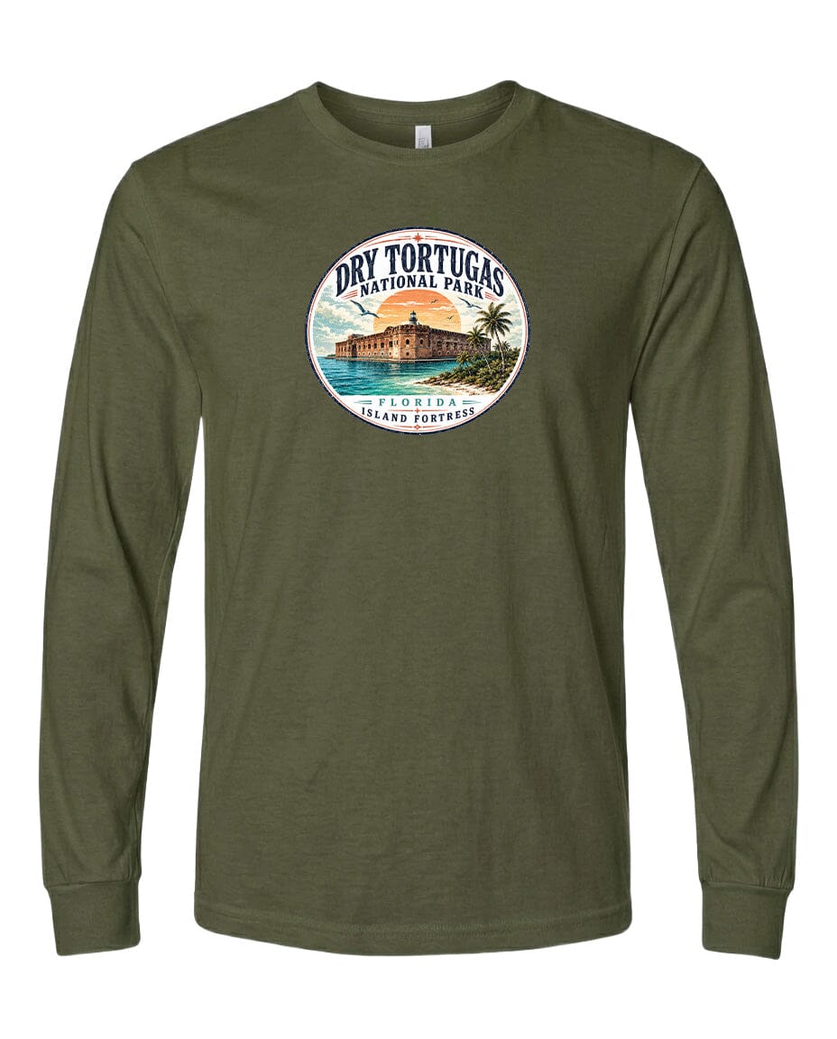 A long-sleeved olive green t-shirt with a circular graphic design featuring a tropical island and palm trees, along with the text "Dry Tortugas National Park, Florida, USA".