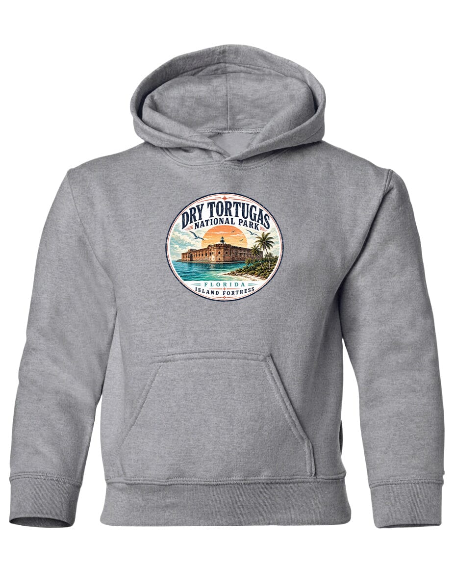 A gray hoodie with a circular logo featuring a tropical island and palm trees, along with the text "Dry Tortugas National Park, Florida Island, Port St. Lucie".