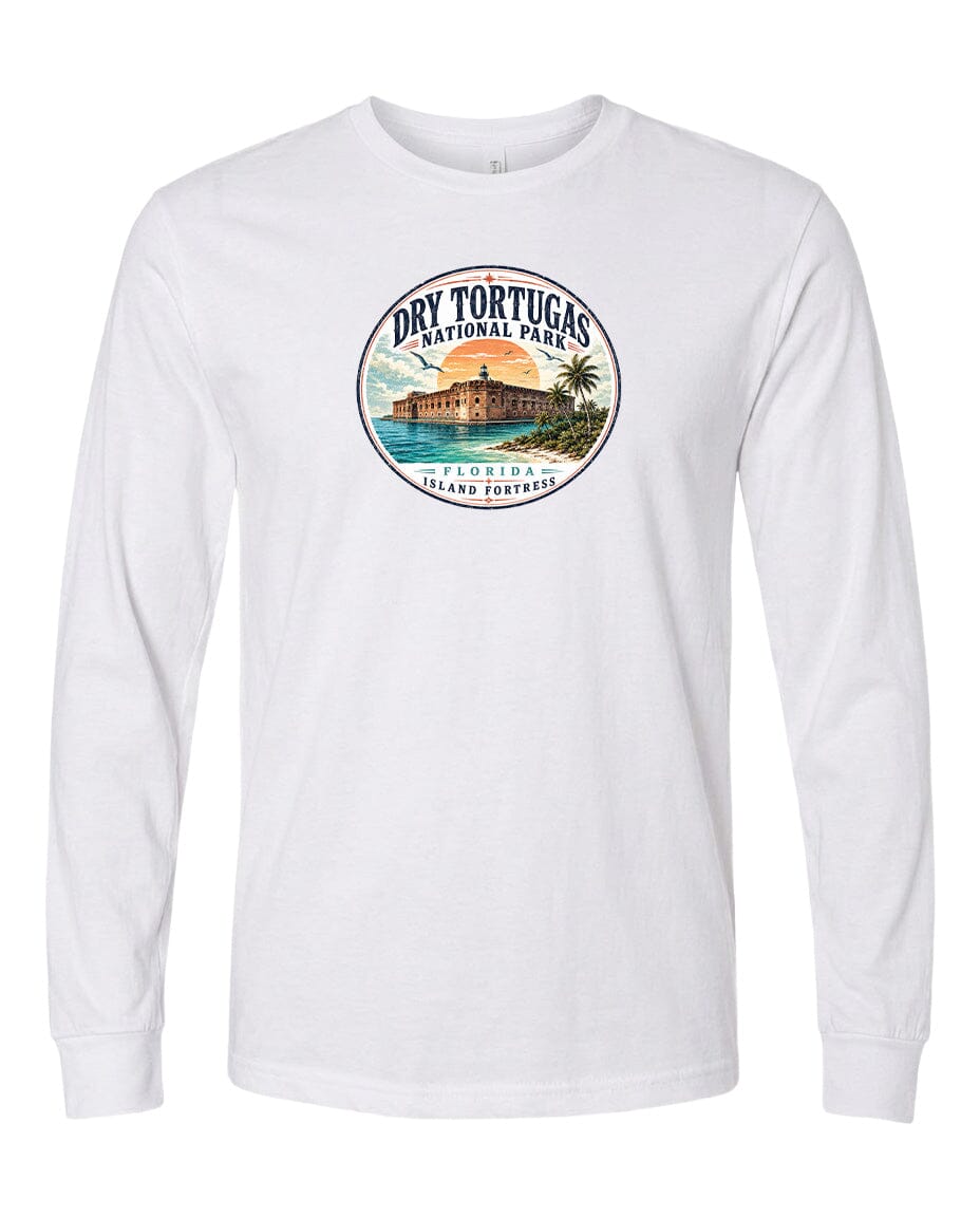 A white long-sleeved t-shirt with a circular graphic design featuring a tropical island landscape with palm trees and a building.
