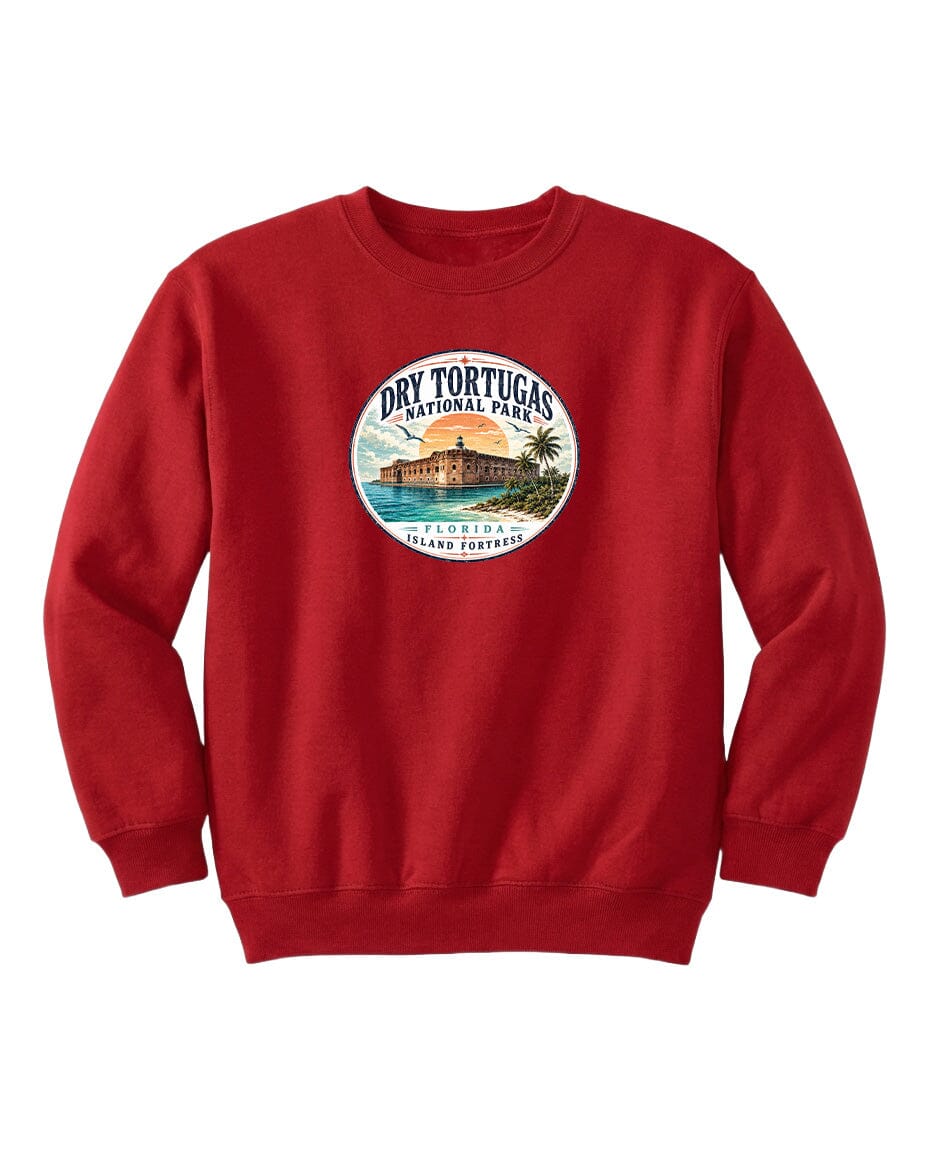 A red sweatshirt with a circular logo that says "Dry Tortugas National Park, Florida, USA".