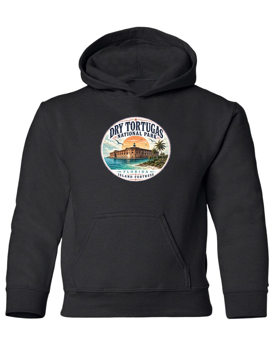 A black hoodie with a circular logo featuring a tropical island and palm trees, along with the text "Dry Tortugas National Park, Florida Island, Port St. Lucie".