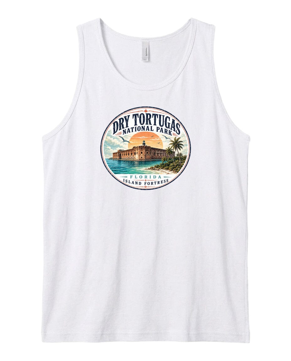 A white tank top with a circular graphic design featuring a tropical island and a building, along with the text "Dry Tortugas National Park, Florida Island Fortresses".