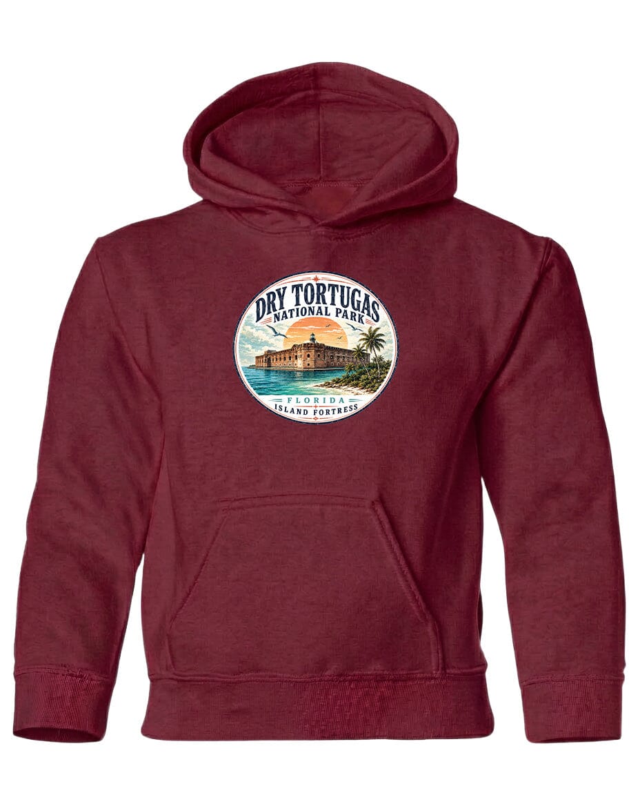 A red hooded sweatshirt with a circular logo on the front, depicting a tropical island with palm trees and a building.