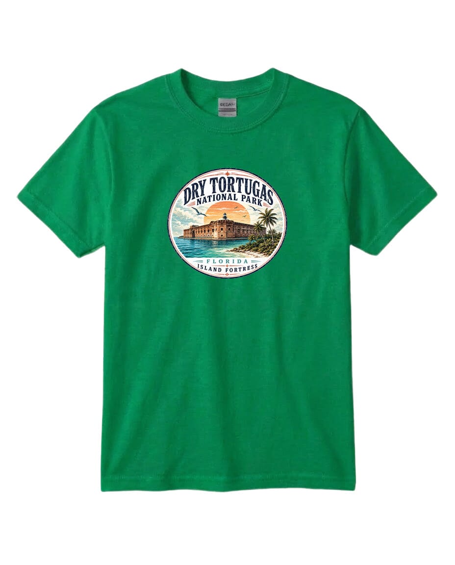 A green t-shirt with a circular graphic design featuring a tropical island and palm trees, along with the text "Dry Tortugas National Park, Florida, Island of the Bahamas".