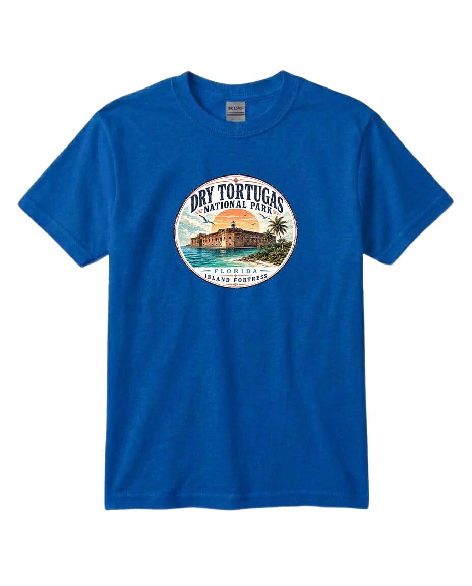 A blue t-shirt with a circular graphic design featuring a tropical beach scene and the text "Dry Tortugas National Park, Florida, Tortuga Island".