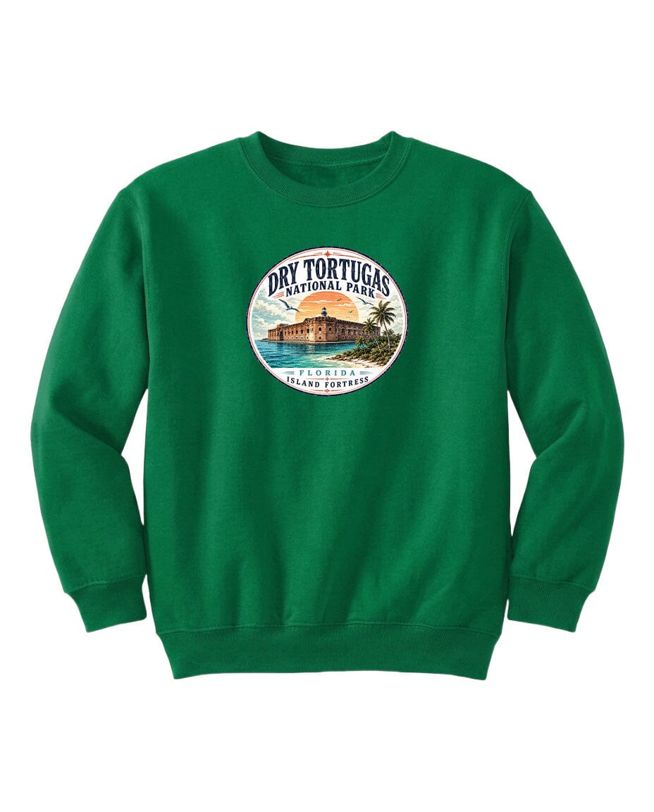 A green sweatshirt with a circular logo that says "Dry Tortugas National Park" and features an illustration of a tropical beach and palm trees.