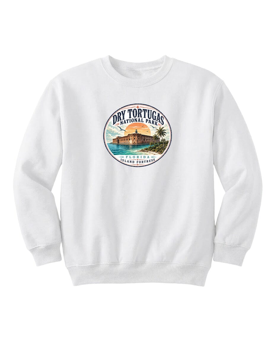 A white sweatshirt with a circular logo featuring a tropical island and palm trees, along with the text "Dry Tortugas National Park, Florida Island".