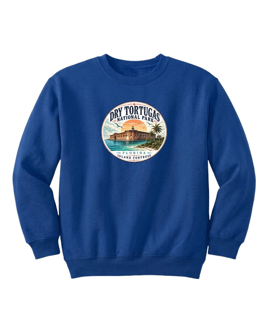 A blue sweatshirt with a circular logo that says "Dry Tortugas National Park" and features an illustration of a tropical beach and palm trees.