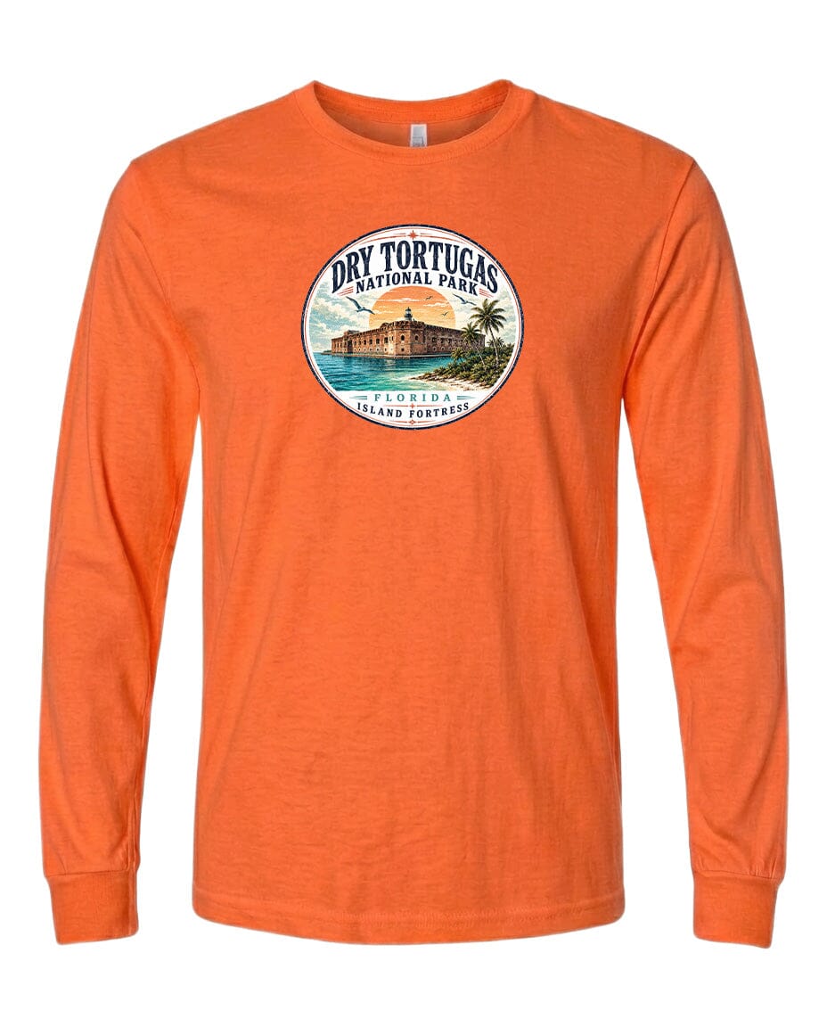 An orange long-sleeved t-shirt with a circular graphic design featuring a tropical island and palm trees, along with the text "Dry Tortugas National Park, Florida, USA".