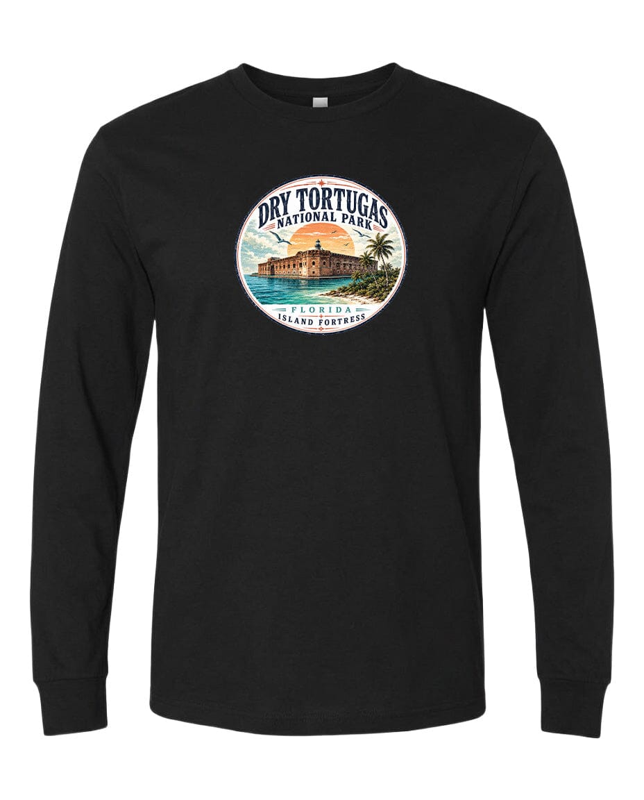A black long-sleeve t-shirt with a circular graphic design featuring a tropical island landscape with palm trees, a building, and a body of water.