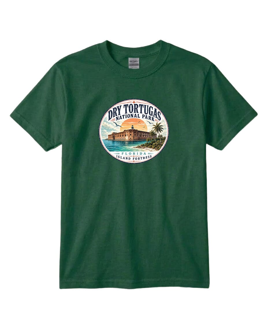 A green t-shirt with a circular graphic design featuring a tropical beach scene and the text "Dry Tortugas National Park, Florida, USA".