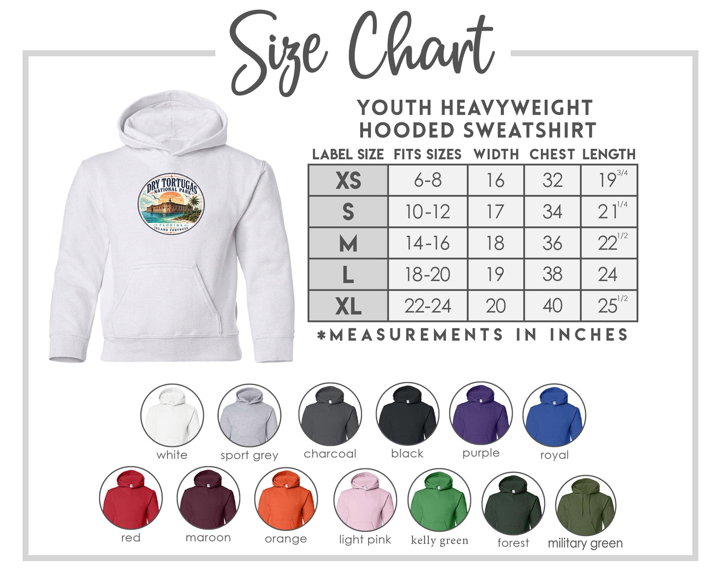 The image is a size chart for a youth heavyweight hooded sweatshirt, providing measurements for different age groups and sizes.