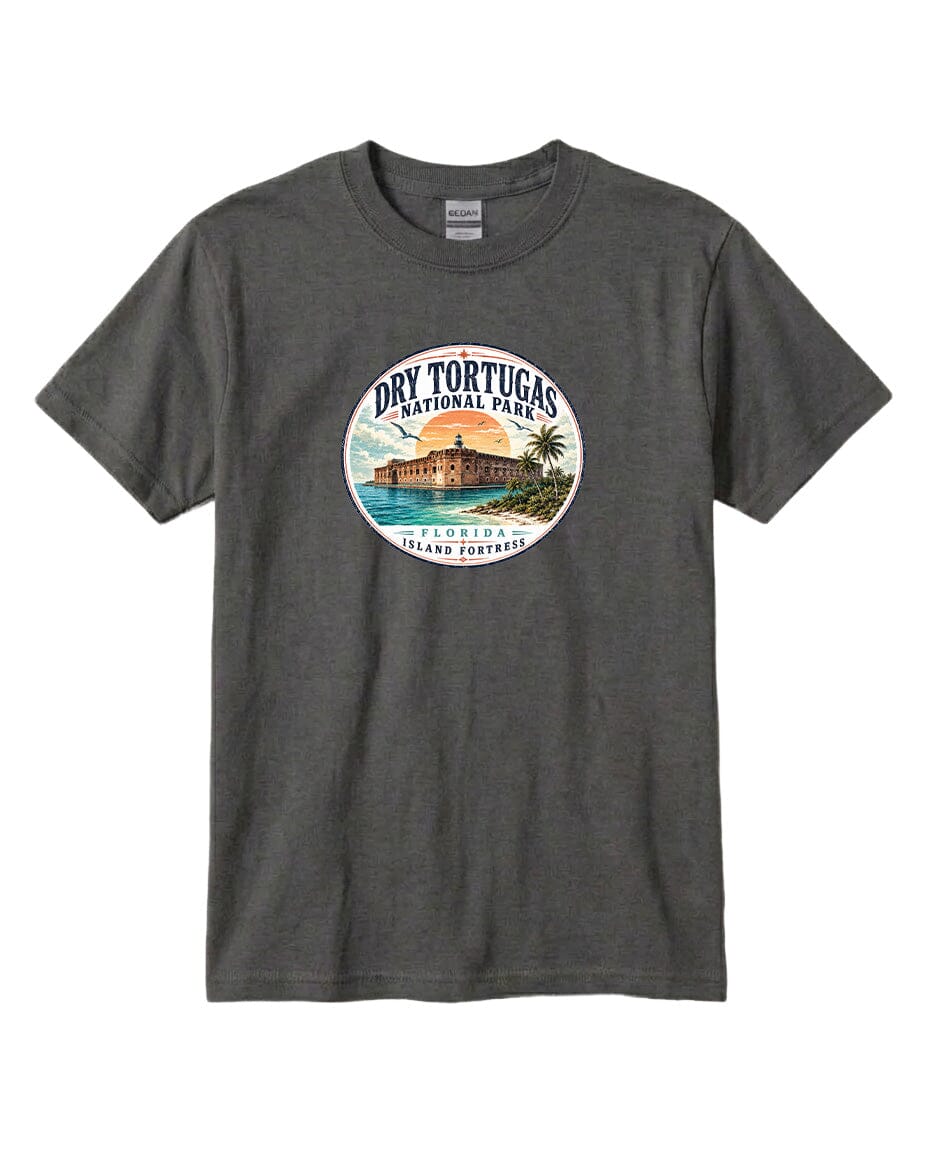 A gray t-shirt with a circular graphic design featuring a beach scene and a building, likely representing Dry Tortugas National Park in Florida.
