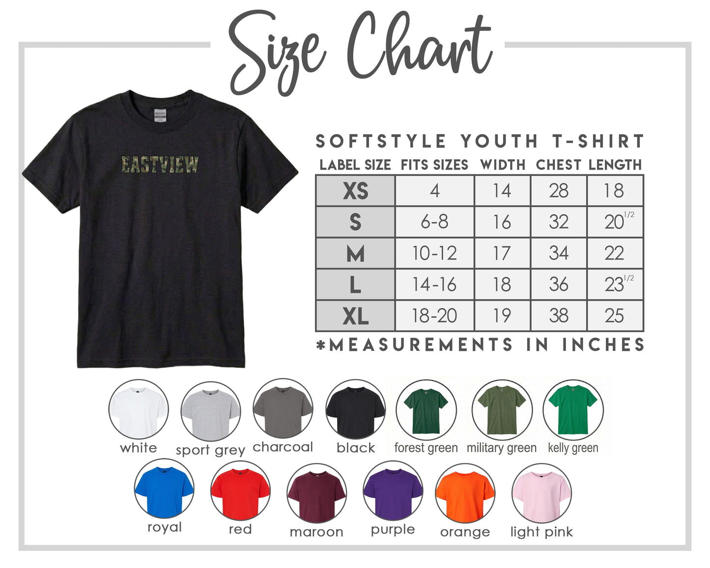 The image is a size chart for a softstyle youth t-shirt, providing measurements for different sizes and corresponding t-shirt colors.