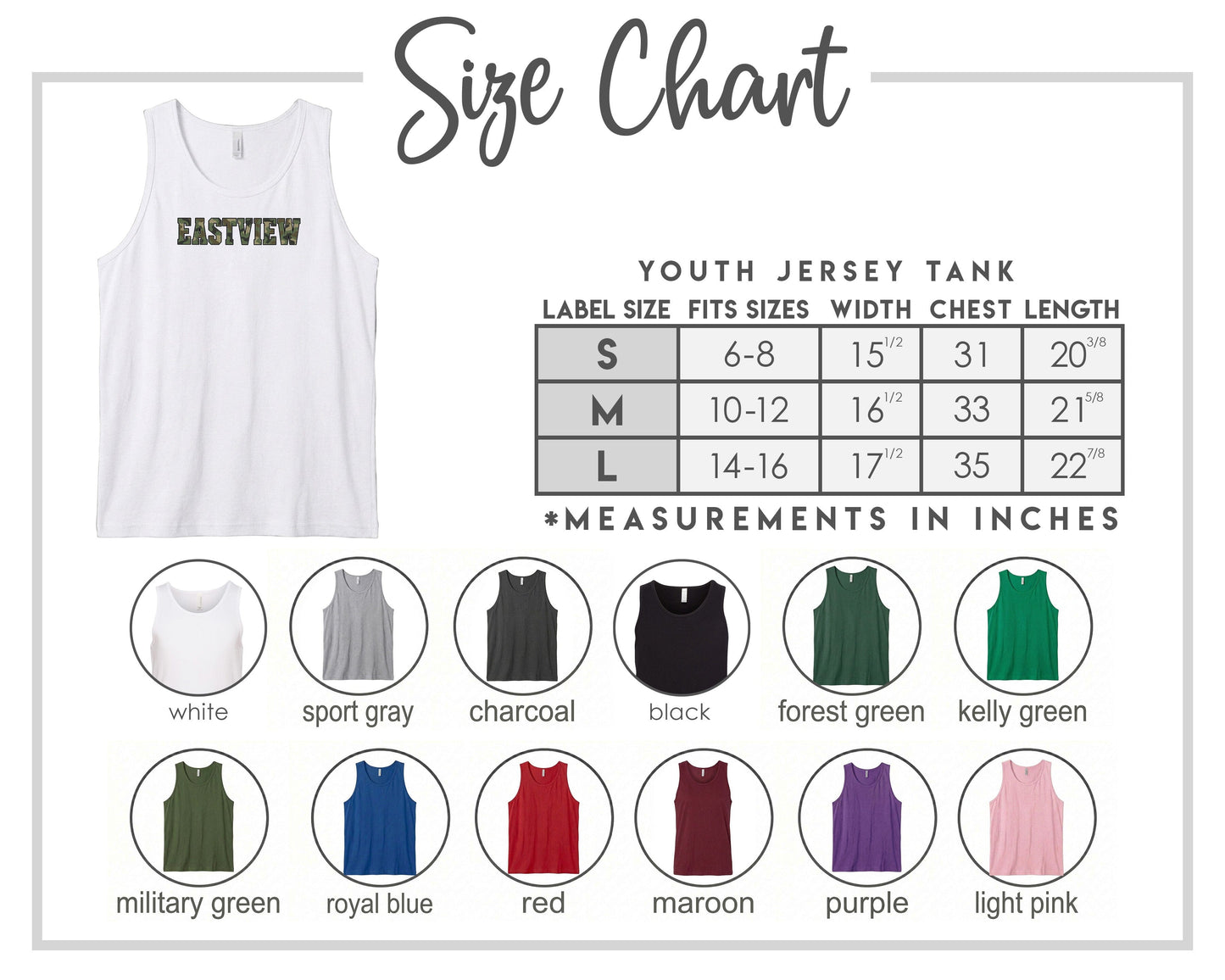 The image is a size chart for a youth jersey tank, displaying various color options and corresponding measurements in inches.