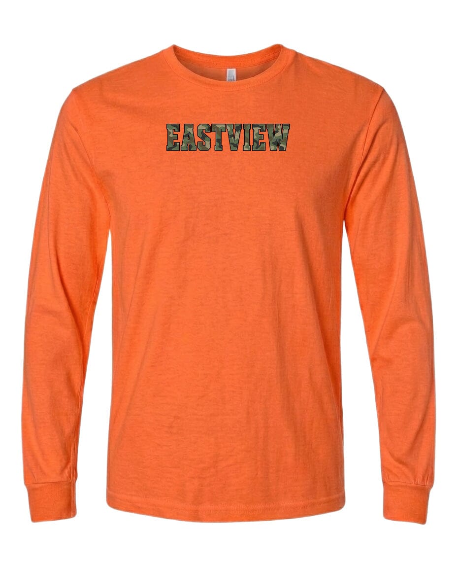 An orange long-sleeved t-shirt with the word "EASTVIEW" printed on it in a stylized font.