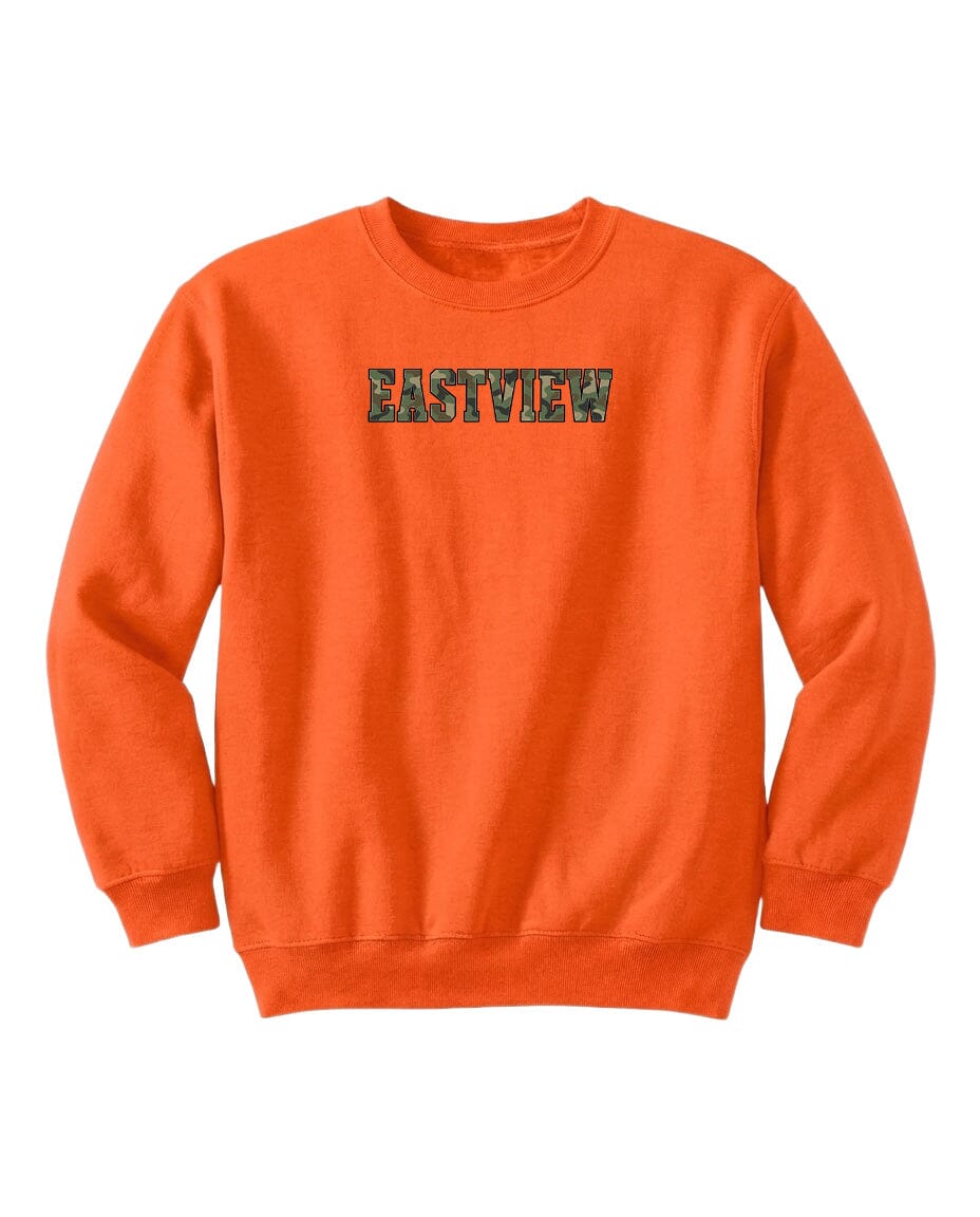 An orange sweatshirt with the word "EASTVIEW" printed on it in a camouflage pattern.