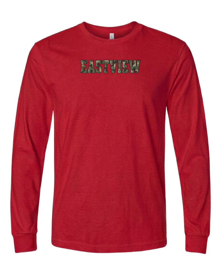 A red long-sleeved t-shirt with the word "EASTVIEW" printed on it in a stylized font.
