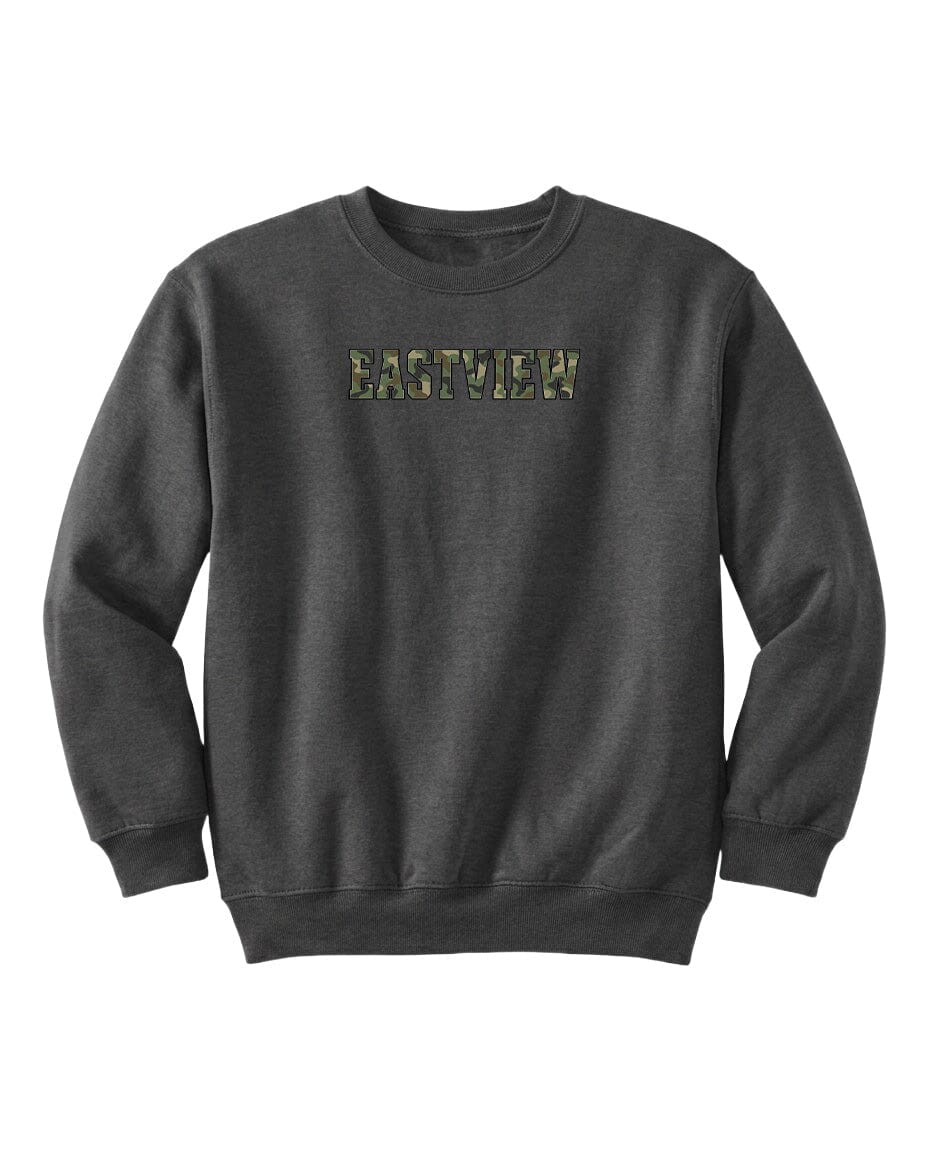 A gray sweatshirt with the word "EAGTView" printed on it in a camouflage pattern.