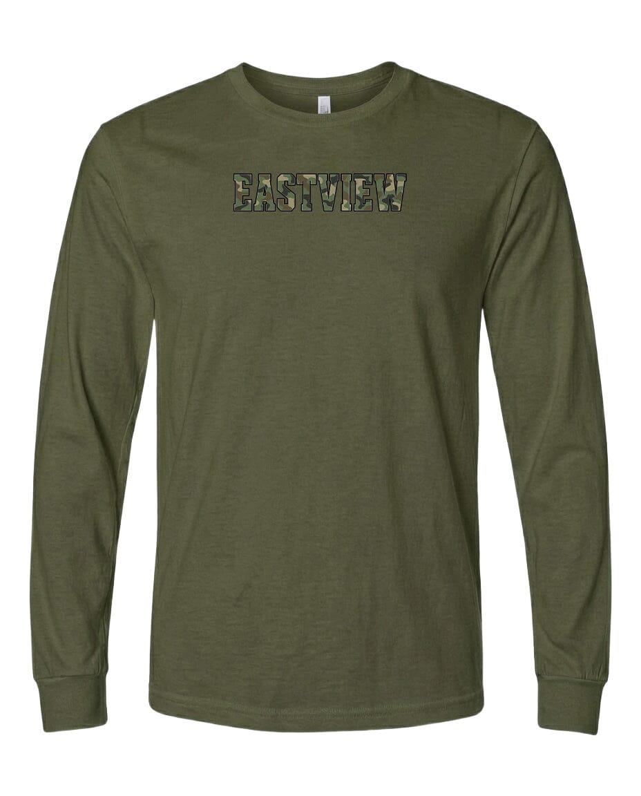 A long-sleeved olive green t-shirt with the word "EASTVIEW" printed on it in a camouflage pattern.