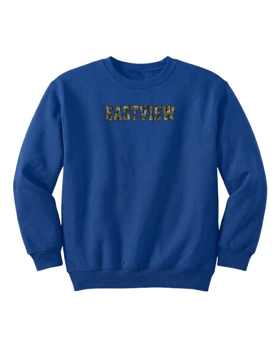A blue sweatshirt with the word "EASTVIEW" printed on it.