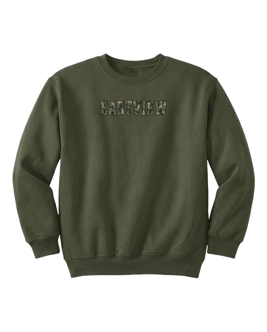 A dark green sweatshirt with the word "EASTVIEW" printed on it in a camouflage pattern.