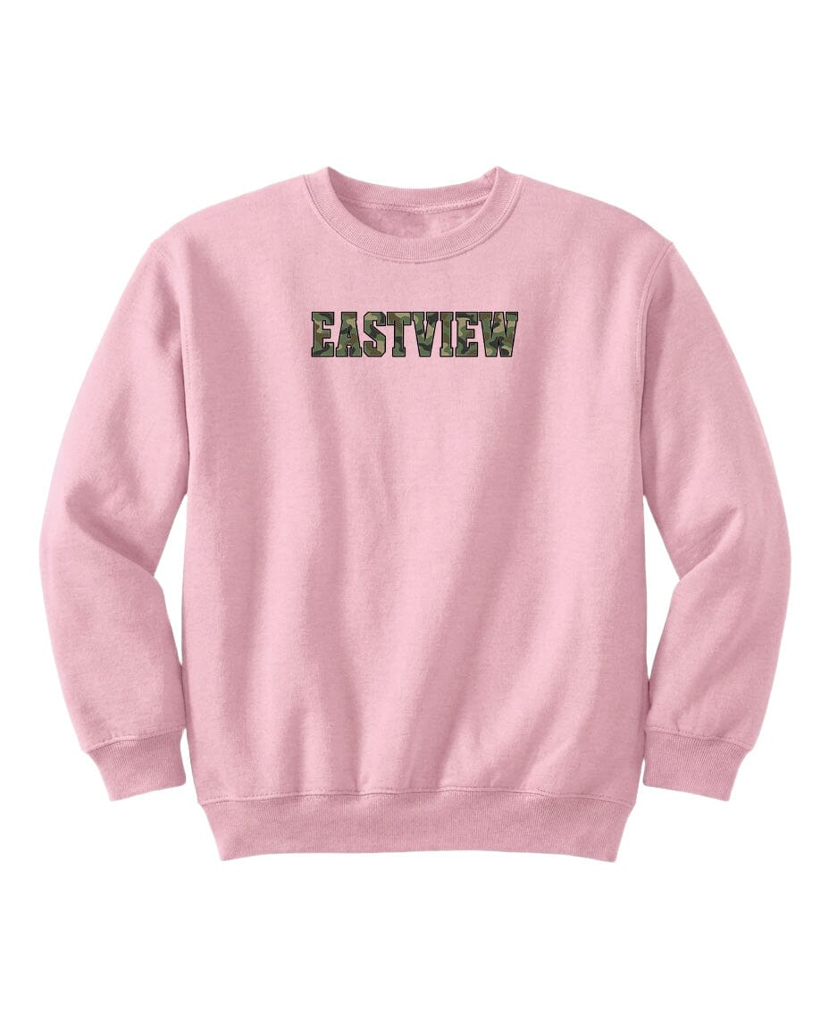 A pink sweatshirt with the word "EASTVIEW" printed on it in a stylized font.