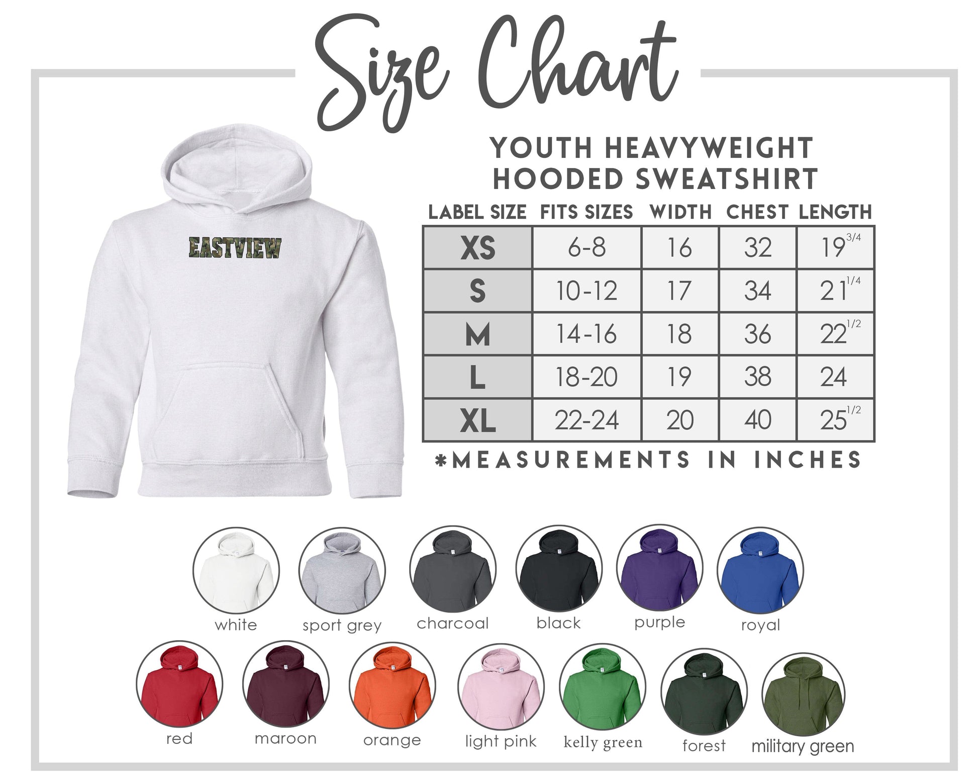 The image is a size chart for a youth heavyweight hooded sweatshirt, providing measurements for different sizes and corresponding color options.