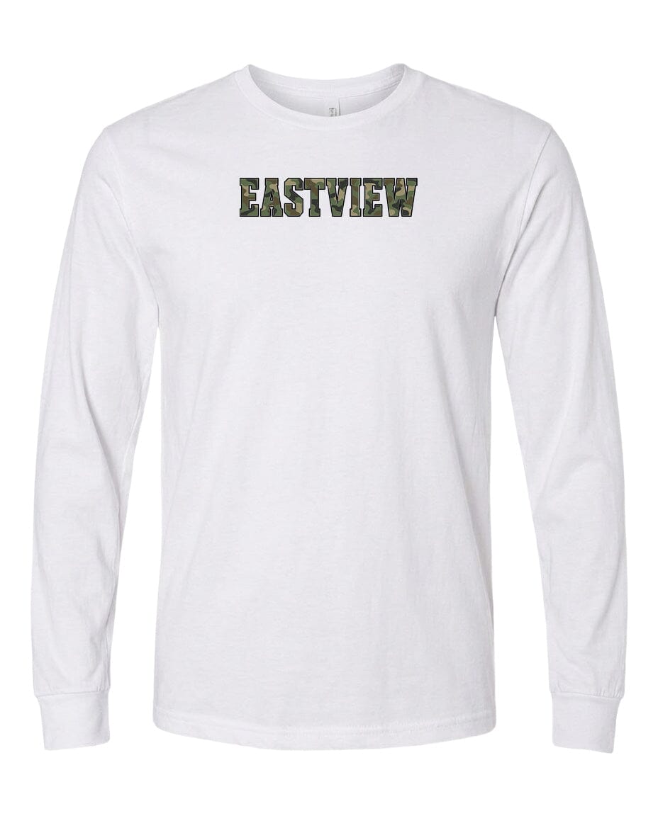 A white long-sleeved t-shirt with the word "EASTVIEW" printed on it in a camouflage pattern.