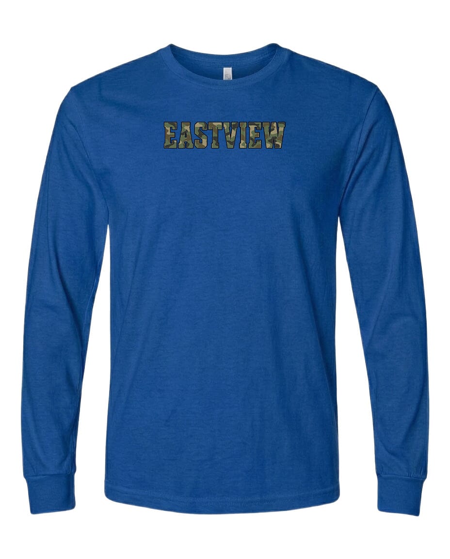 A blue long-sleeved t-shirt with the word "EASTVIEW" printed on it in a stylized font.