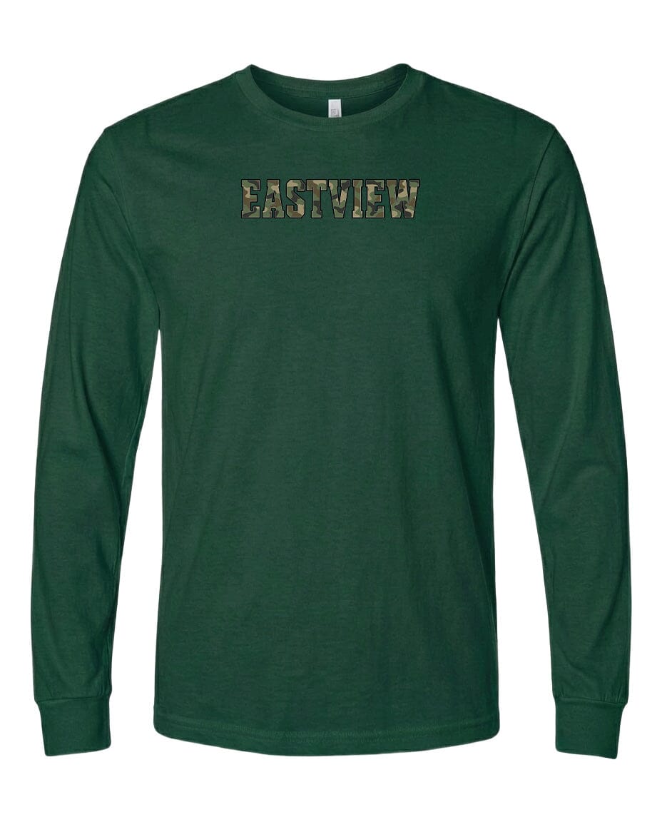 A dark green long-sleeved t-shirt with the word "EASTVIEW" printed on it in a stylized font.