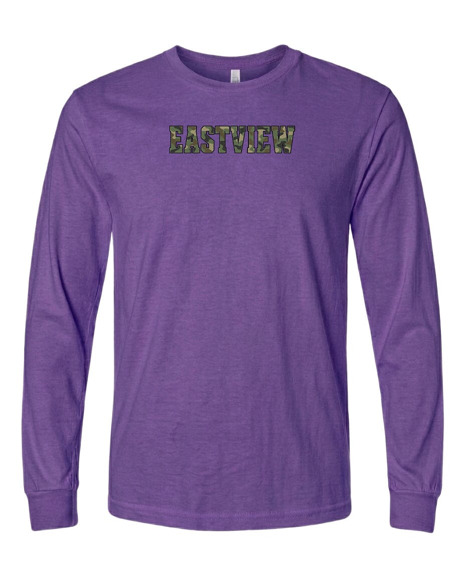 A purple long-sleeved t-shirt with the word "EASTVIEW" printed on it in a stylized font.