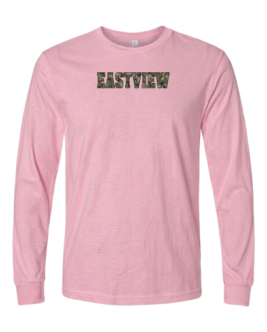 A pink long-sleeved t-shirt with the word "EASTVIEW" printed on it in a stylized font.
