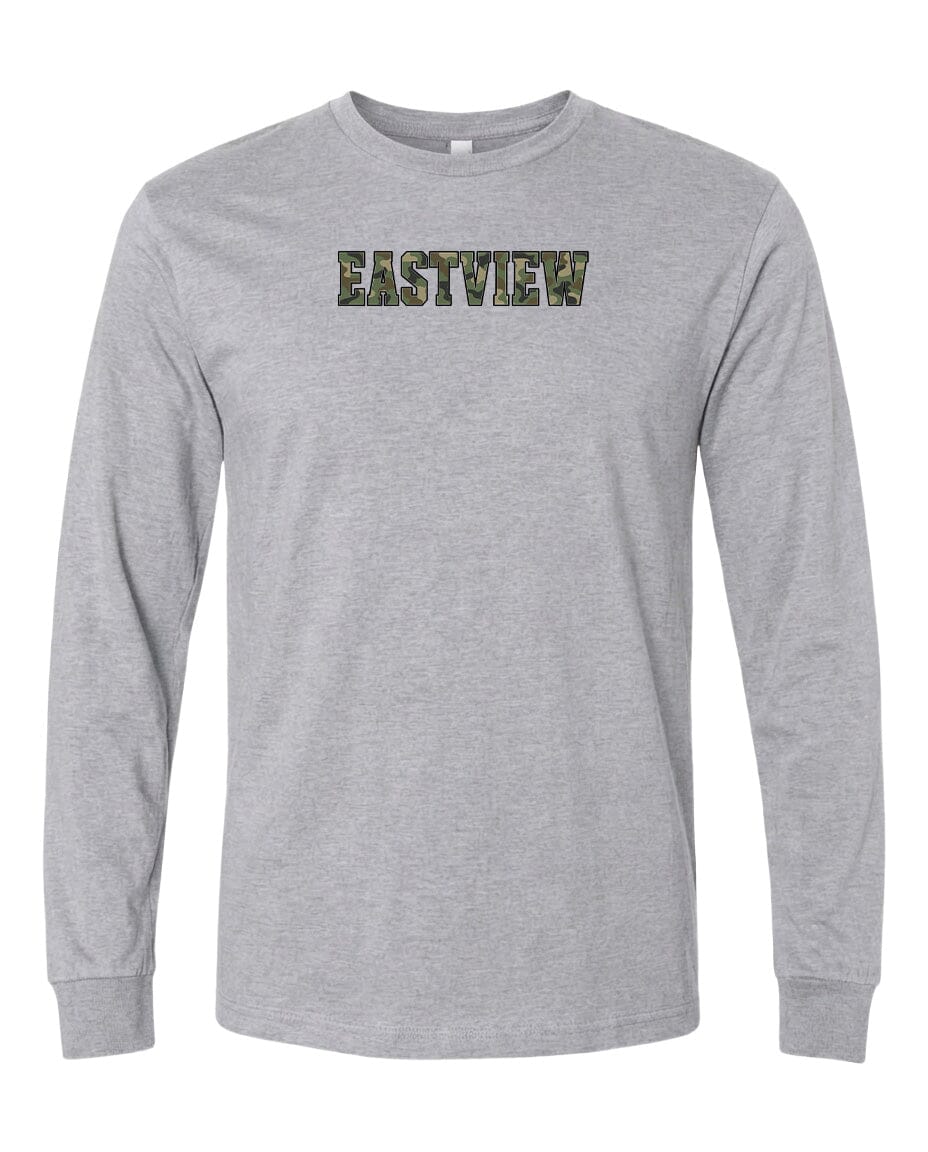 A gray long-sleeved t-shirt with the word "EASTVIEW" printed on it in a camouflage pattern.