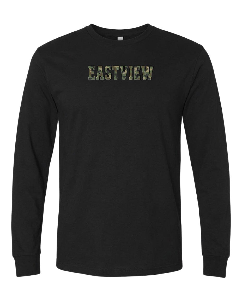 A black long-sleeved t-shirt with the word "EASTVIEW" printed on it in a camouflage pattern.