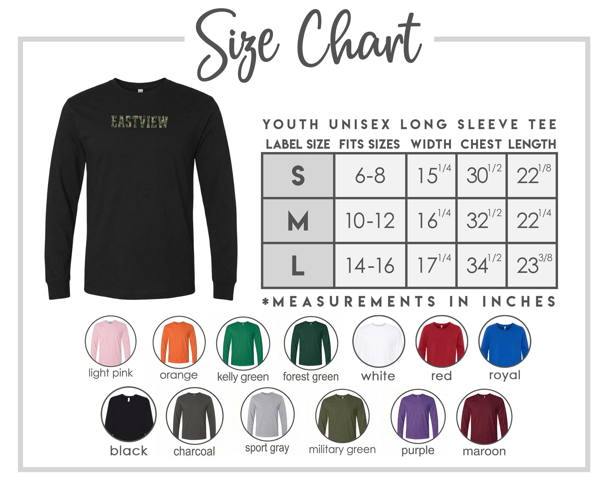 The image is a size chart for a youth unisex long sleeve tee, including various color options and corresponding measurements.