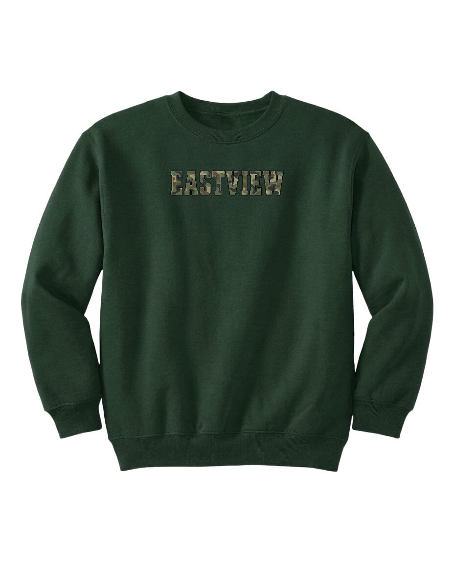 A dark green sweatshirt with the word "EASTVIEW" printed on it in a camouflage pattern.
