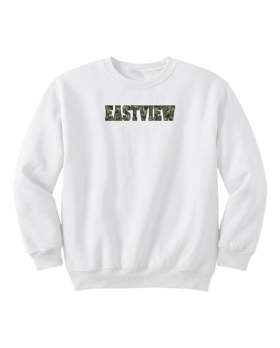 A white sweatshirt with the word "EASTVIEW" printed on it in a camouflage pattern.