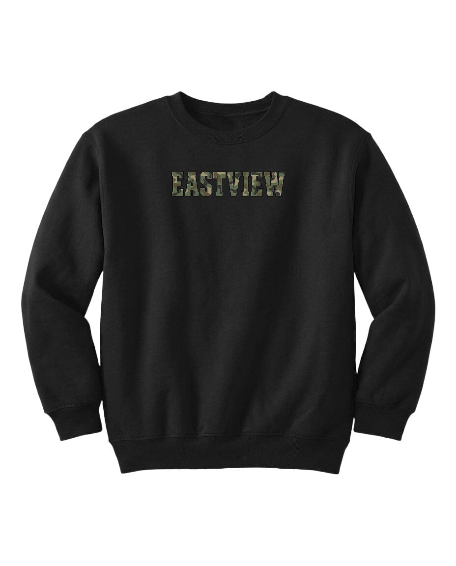 A black sweatshirt with the word "EASTVIEW" printed on it in a camouflage pattern.