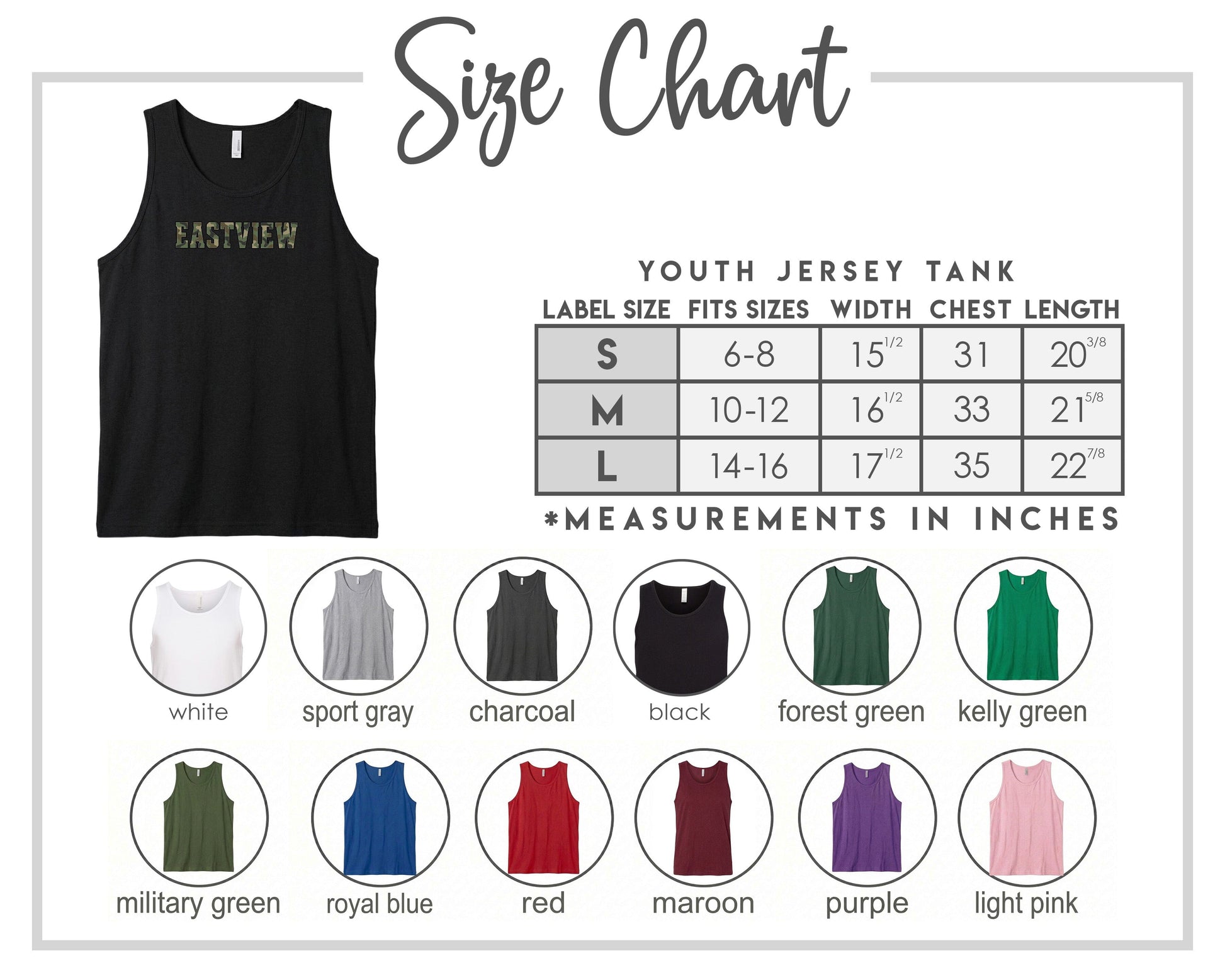 The image is a size chart for a youth jersey tank, displaying various color options and corresponding measurements in inches.