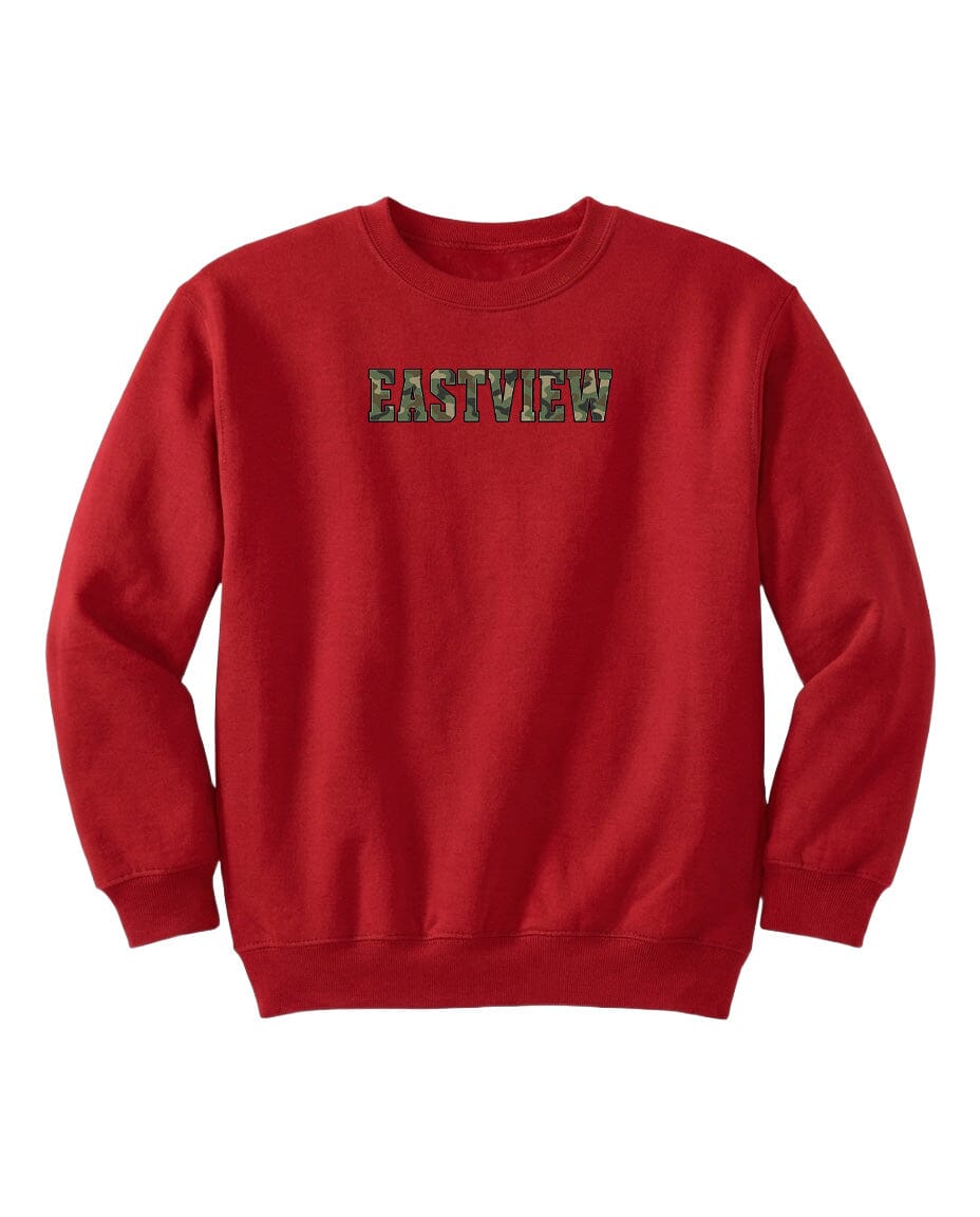 A red sweatshirt with the word "EASTVIEW" printed on it in a camouflage pattern.
