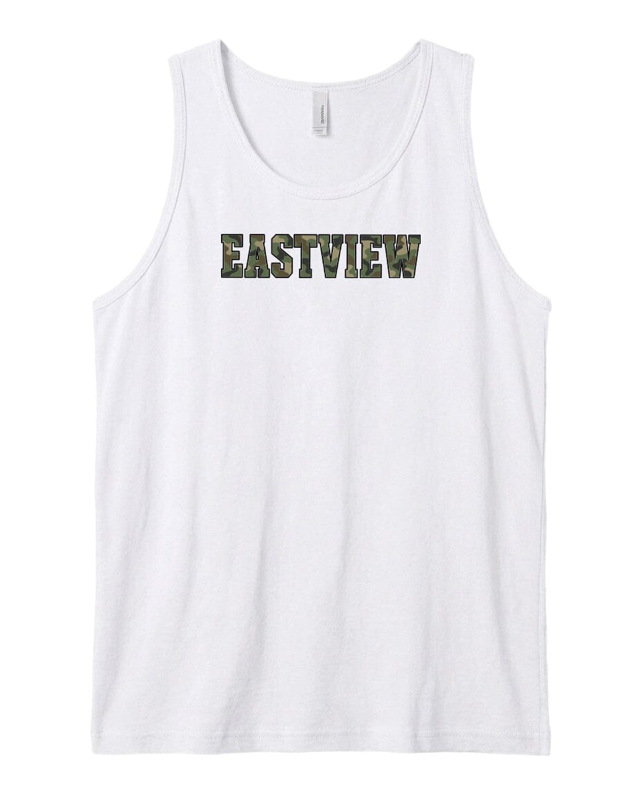 A white tank top with the word "EASTVIEW" printed on it in a camouflage pattern.