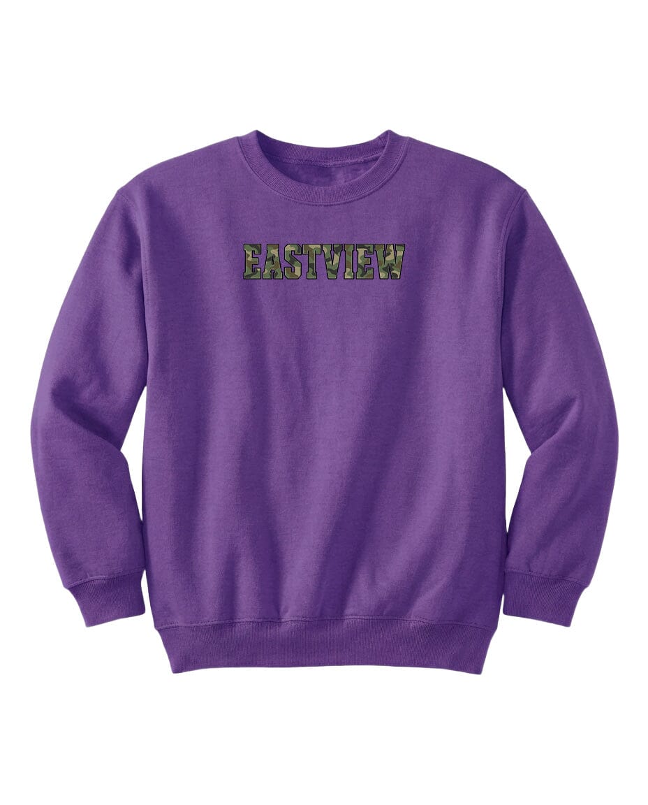 A purple sweatshirt with the word "EASTVIEW" printed on it.