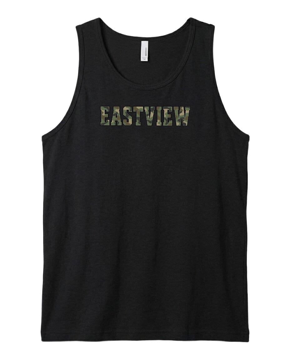 A black tank top with the word "EASTVIEW" printed on it in a camouflage pattern.